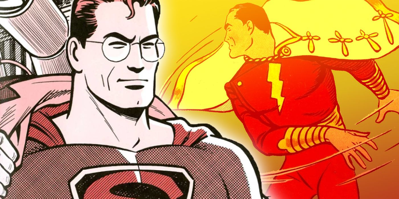 Superman from the comic strip with Shazam as the original Captain Marvel in the background