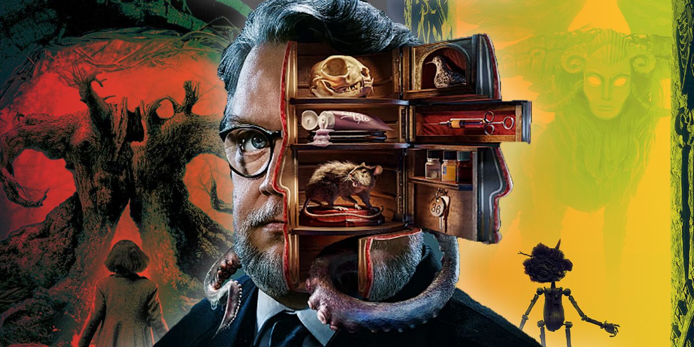 Guillermo Del Toro do Gabinete de Curiosidades com pôsteres de Pinóquio e O Labirinto do Fauno ao fundo