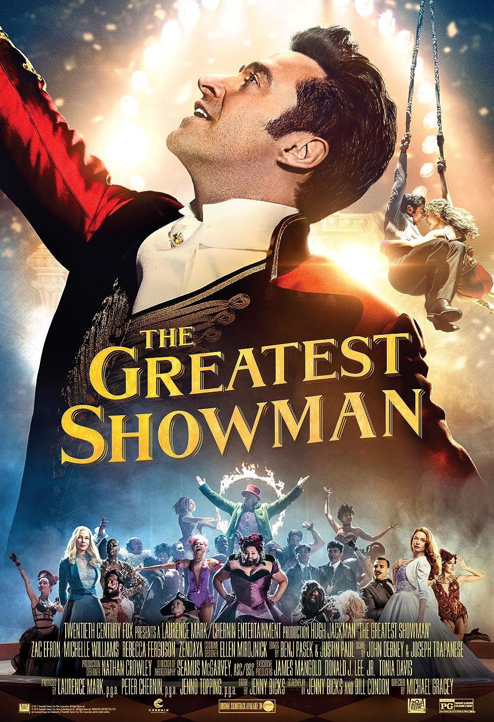 Hugh Jackman no topo e o resto do elenco de The Greatest Showman na parte inferior do pôster do filme