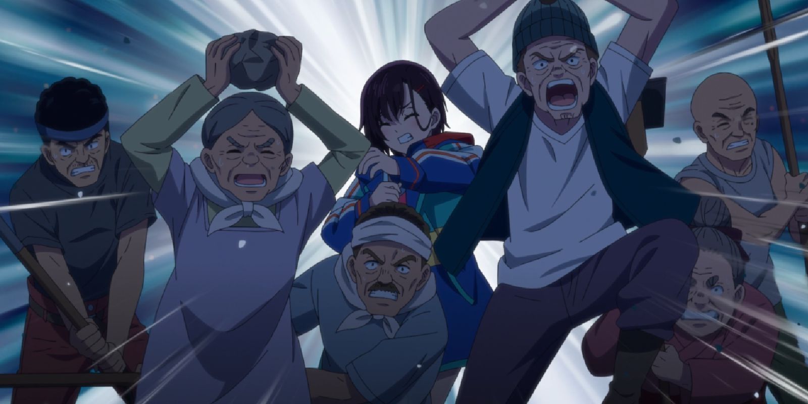 Os idosos da aldeia estão resgatando Shizuka de Atenbo no final do Zom 100.