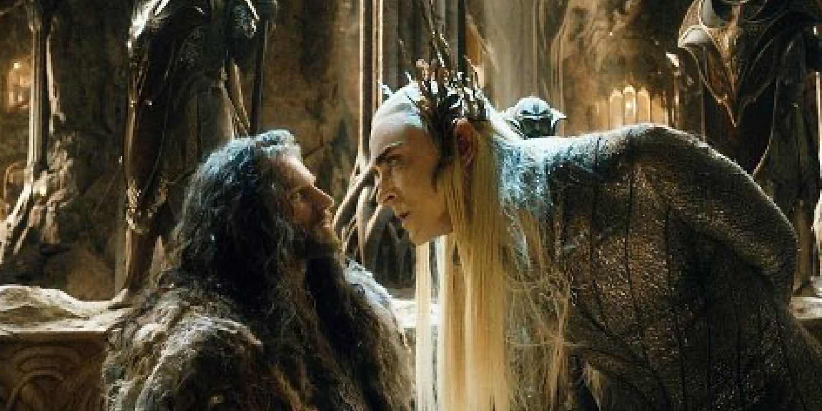 Thranduil leans down angrily into Thorin's face in The Hobbit.
