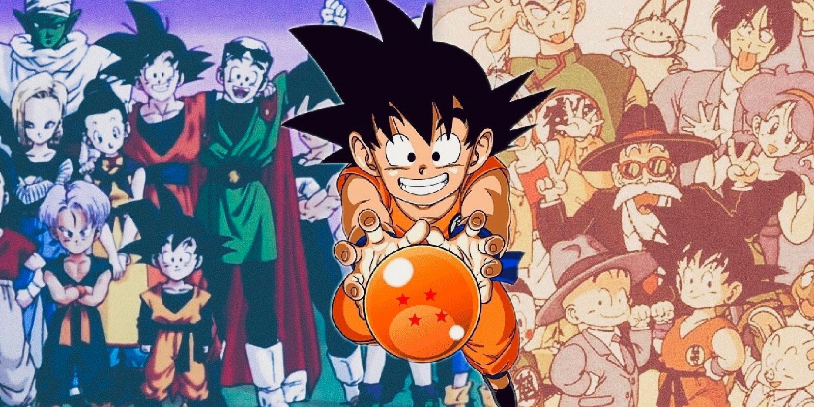 A collage of Dragon Ball and DBZ shots with Goku and his family, from kid to adult