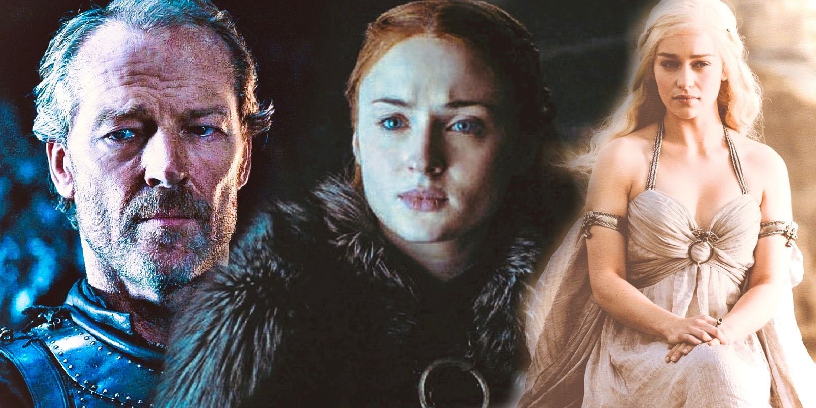 Sansa Stark, Daenarys Targaryen and Jorah in Game of Thrones 