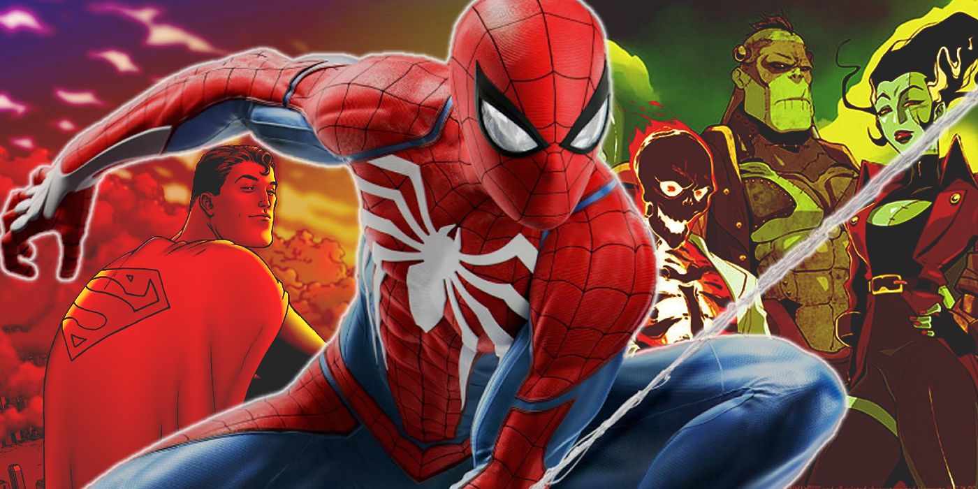Insomniac's Spider-Man with Superman and the DCU’s Creature Commandos in the background