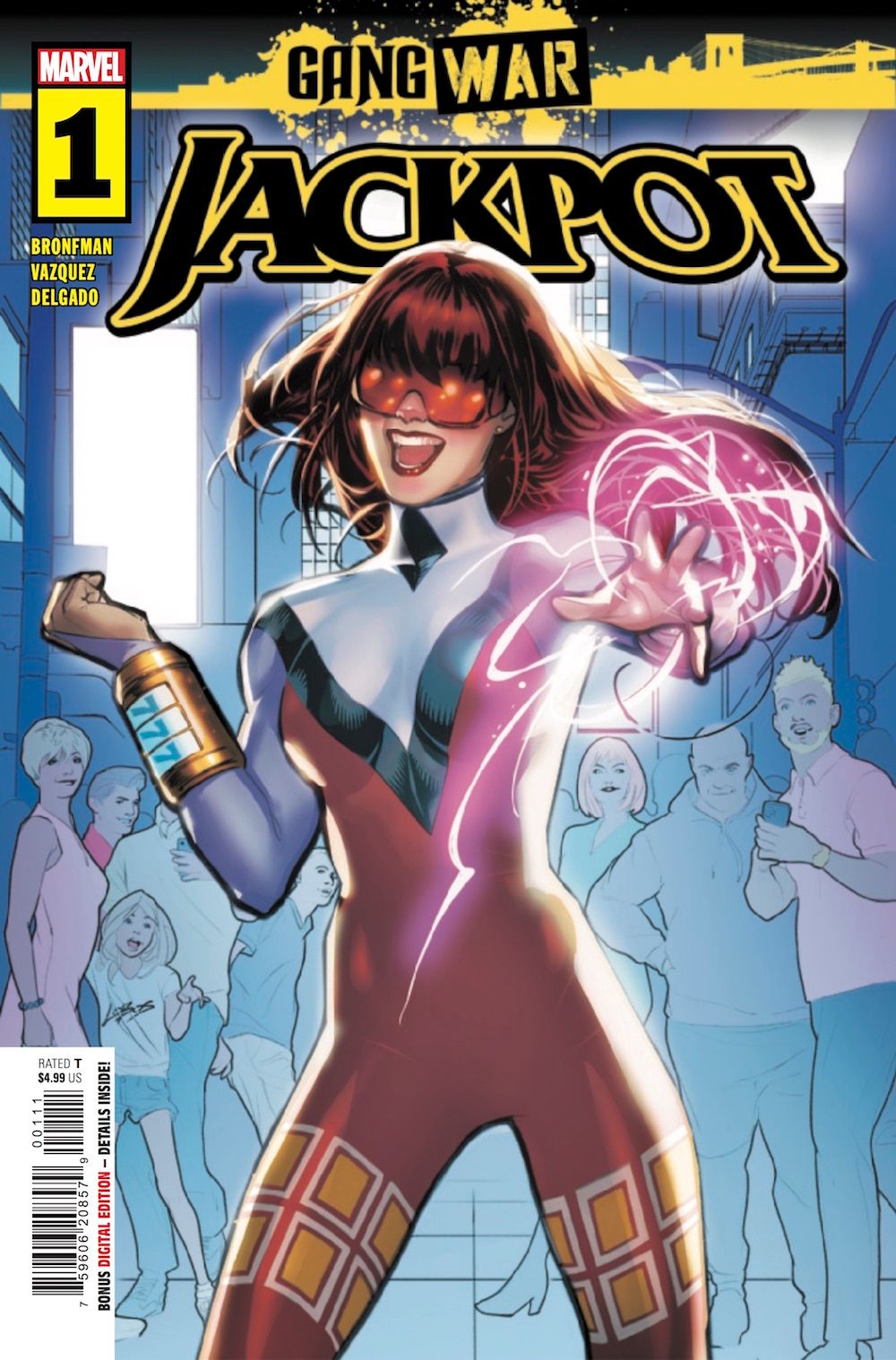 Mary Jane Watson in Jackpot costume confidently showing off her powers. Art by Pablo Villalobos.