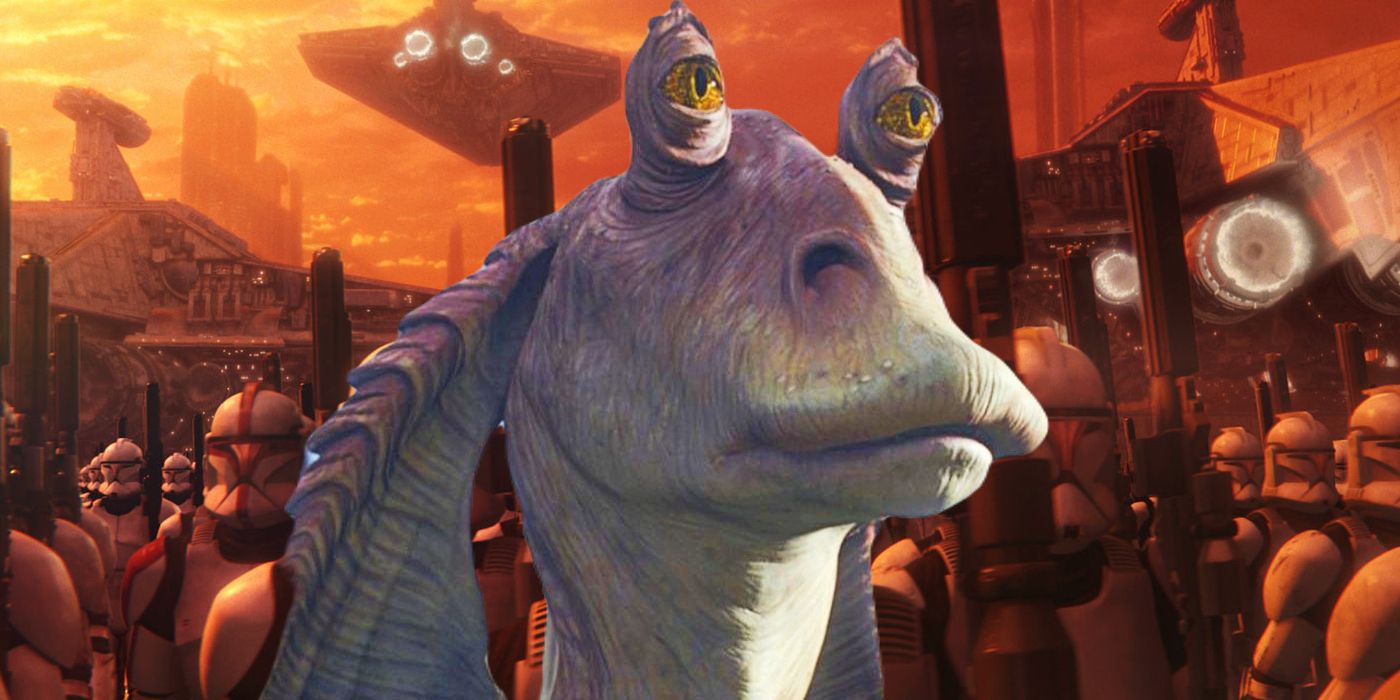 Jar Jar in front of a Clone Army in Star Wars