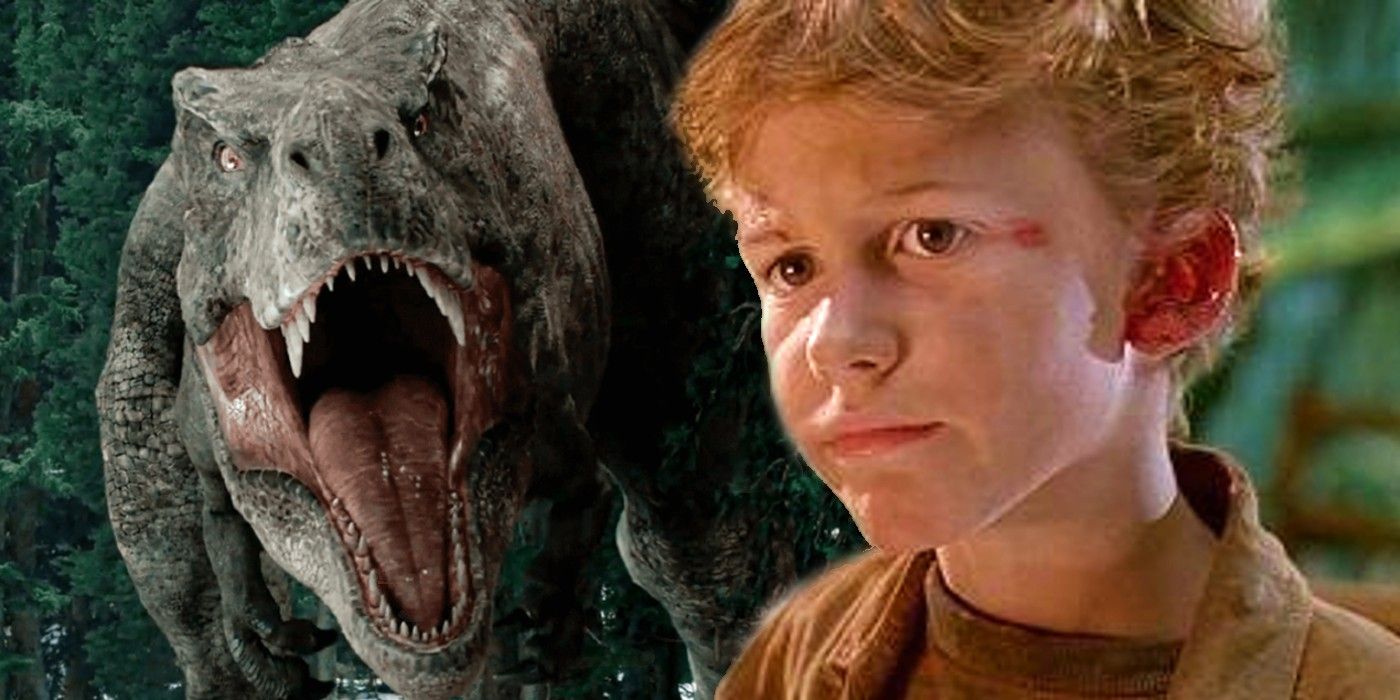 Tim Murphy (Joseph Mazzello) in Jurassic Park with the Jurassic World T-Rex.