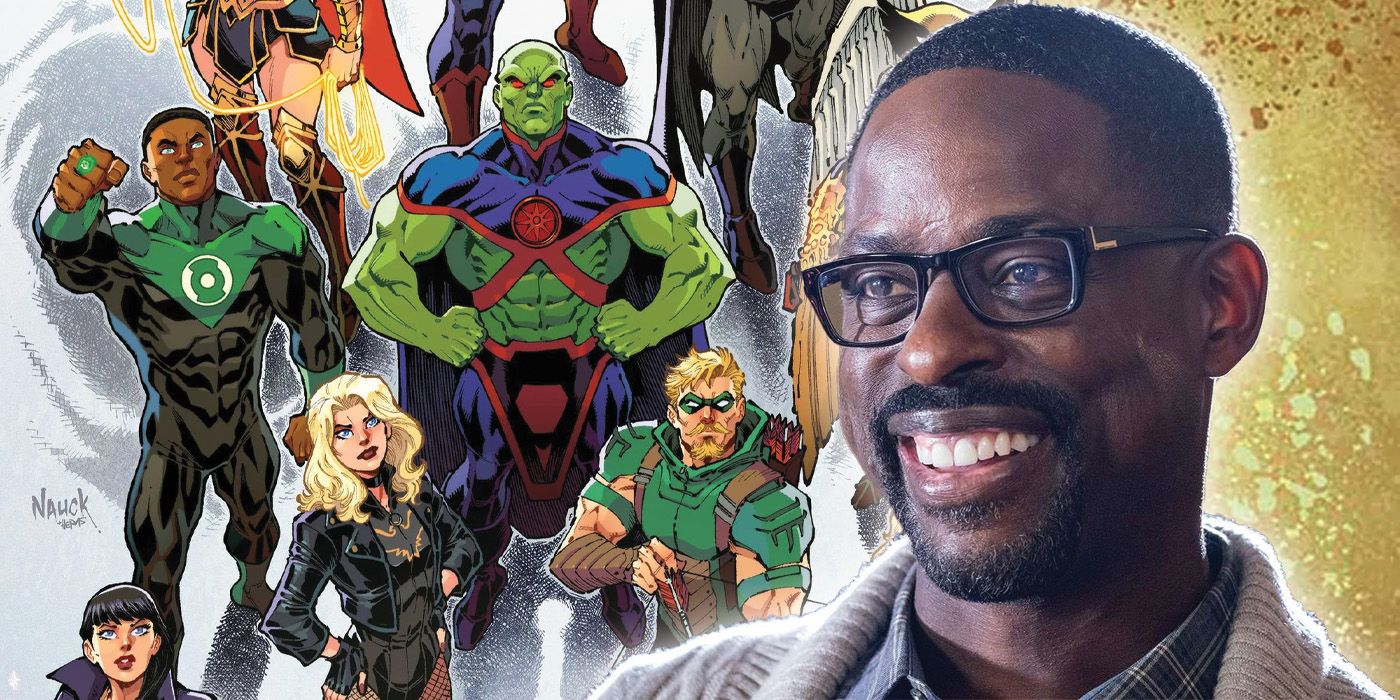 Justice League lineup from DC Comics beside a picture of Sterling K. Brown from This Is Us.
