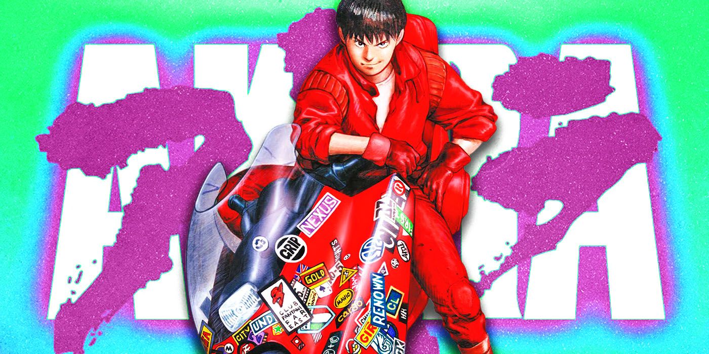 Kaneda from the Akira anime film sitting on his motorbike and smirking.