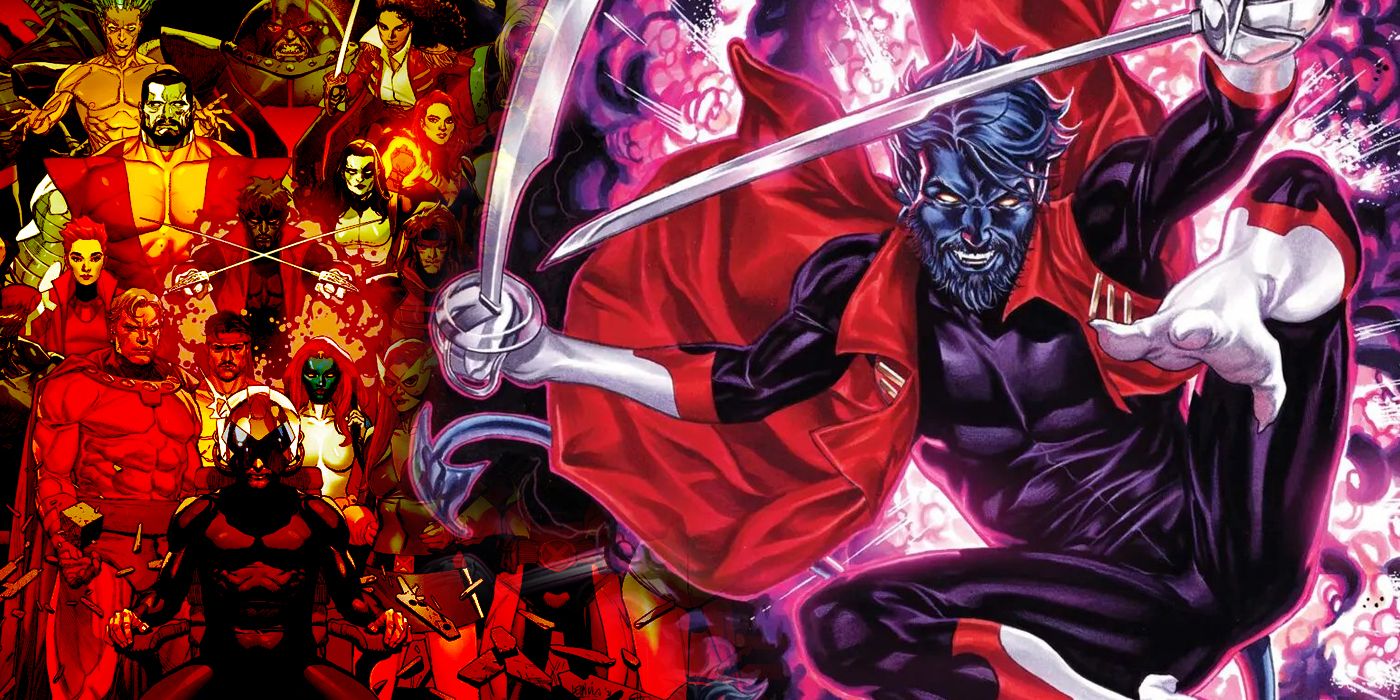 Nightcrawler se teletransportando com espadas e os X-Men Krakoan ao fundo