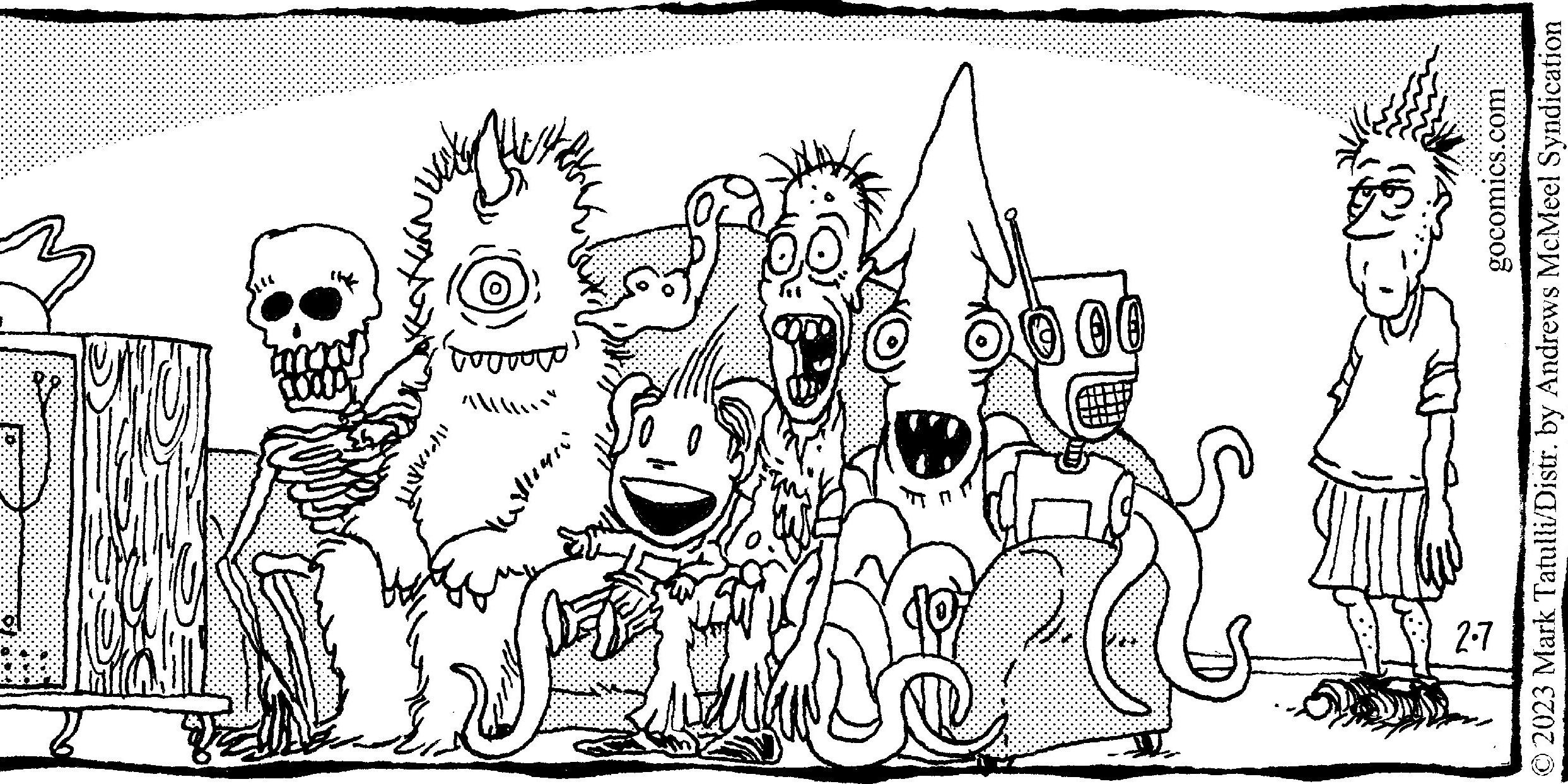 Liō mira televisión con su mascota calamar y monstruos en Lio Comic Strip (Corte)