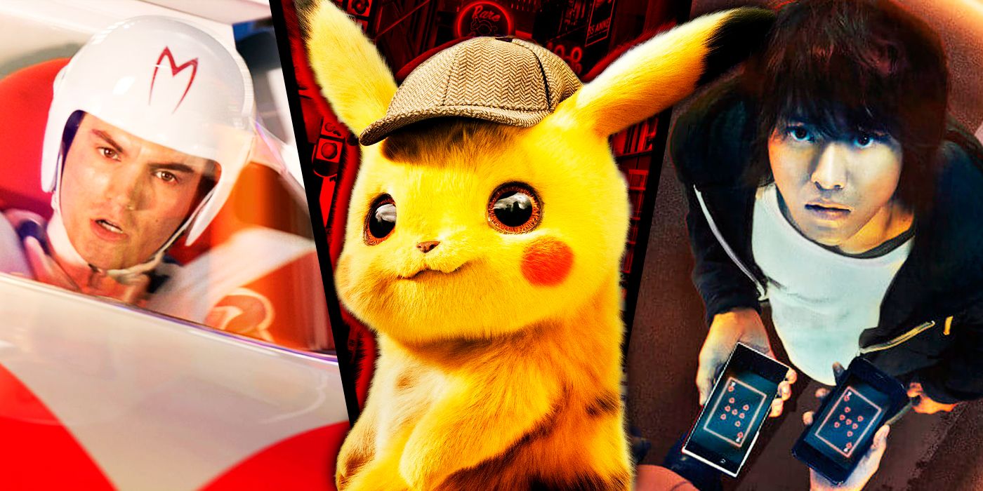 A split image of scenes from Speed Racer, Detective Pikachu, and Alice in Borderland