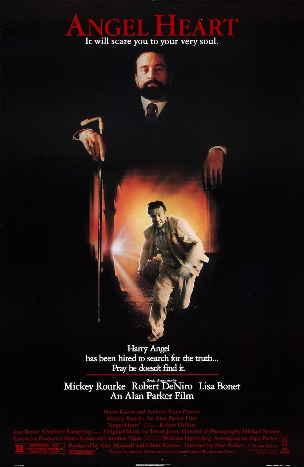 Louis Cyphre looms over a running Harry Angel on the Angel Heart Poster