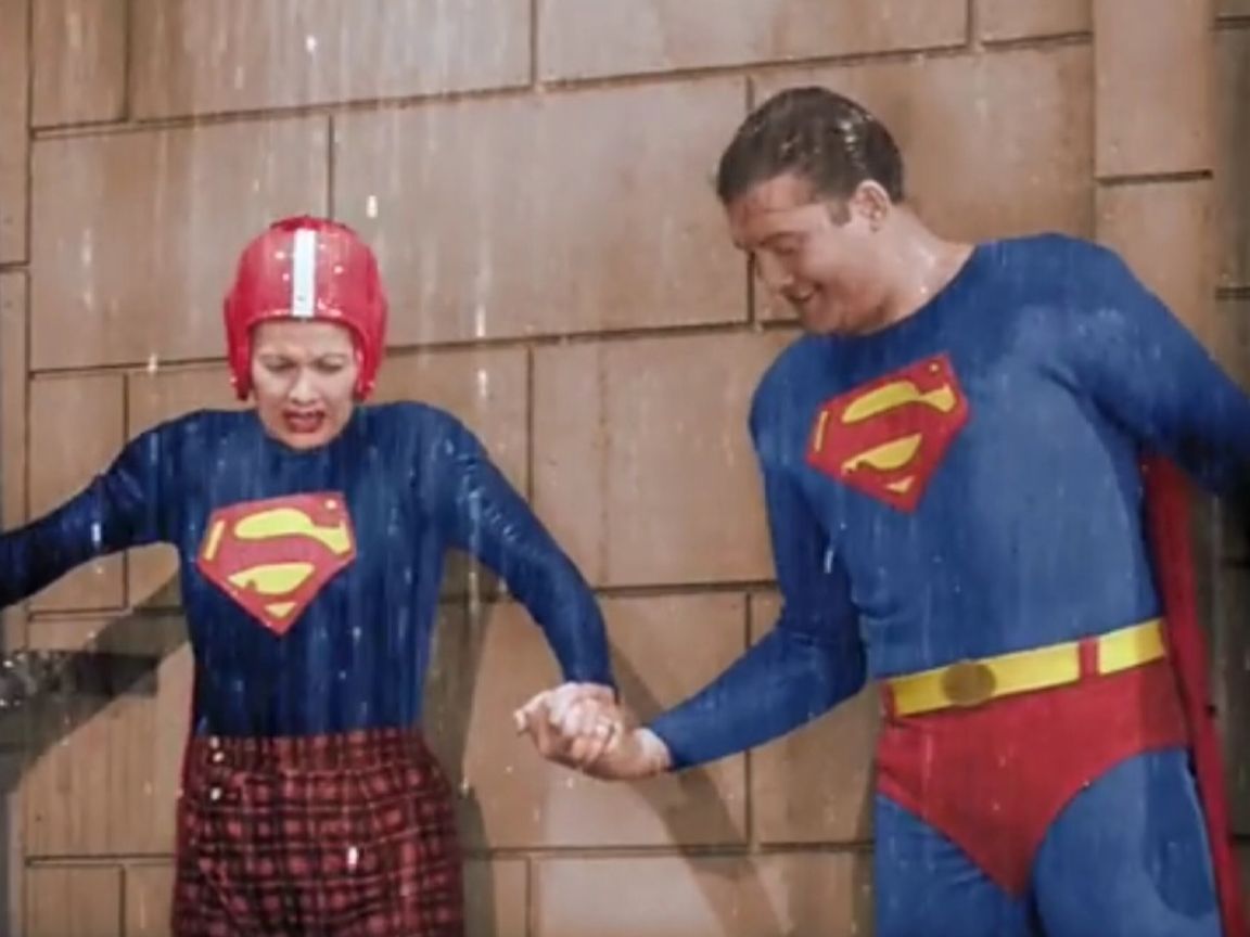 Lucy dressed as Superman out in the Rain with Superman in I Love Lucy