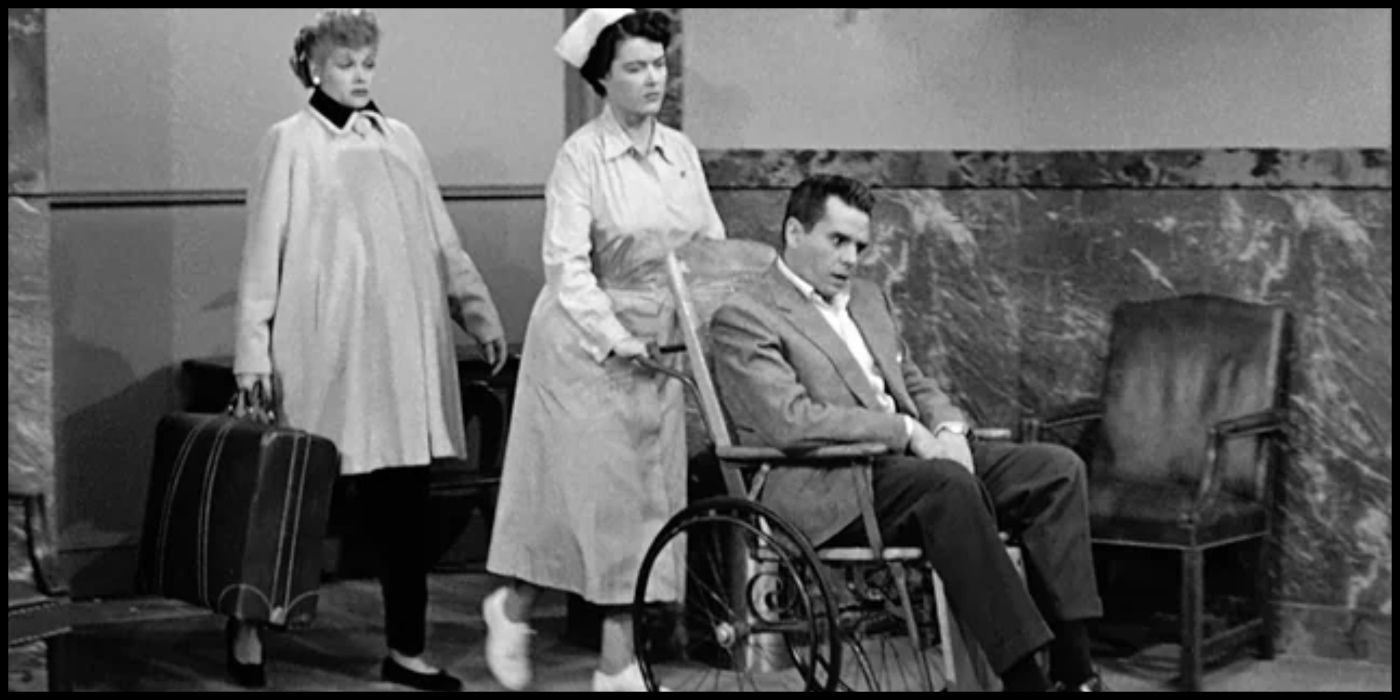 Ricky is wheeled in by a nurse with Lucy behind him in "Lucy Goes to the Hospital" from I Love Lucy