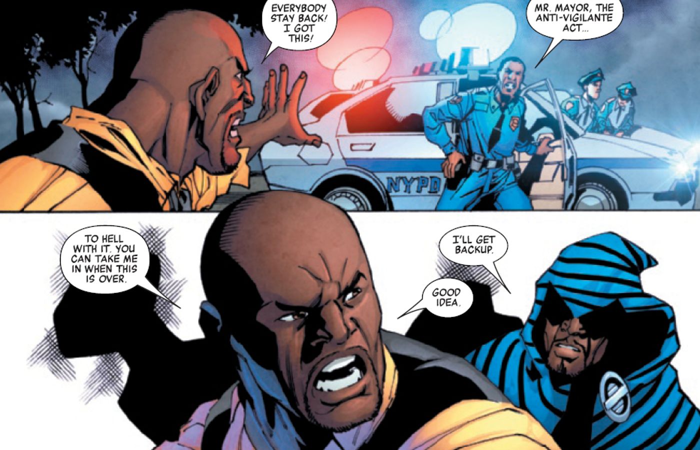 Luke Cage sendo ameaçado de prisão por atuar como vigilante/bom samaritano durante a Guerra de Gangues da Marvel