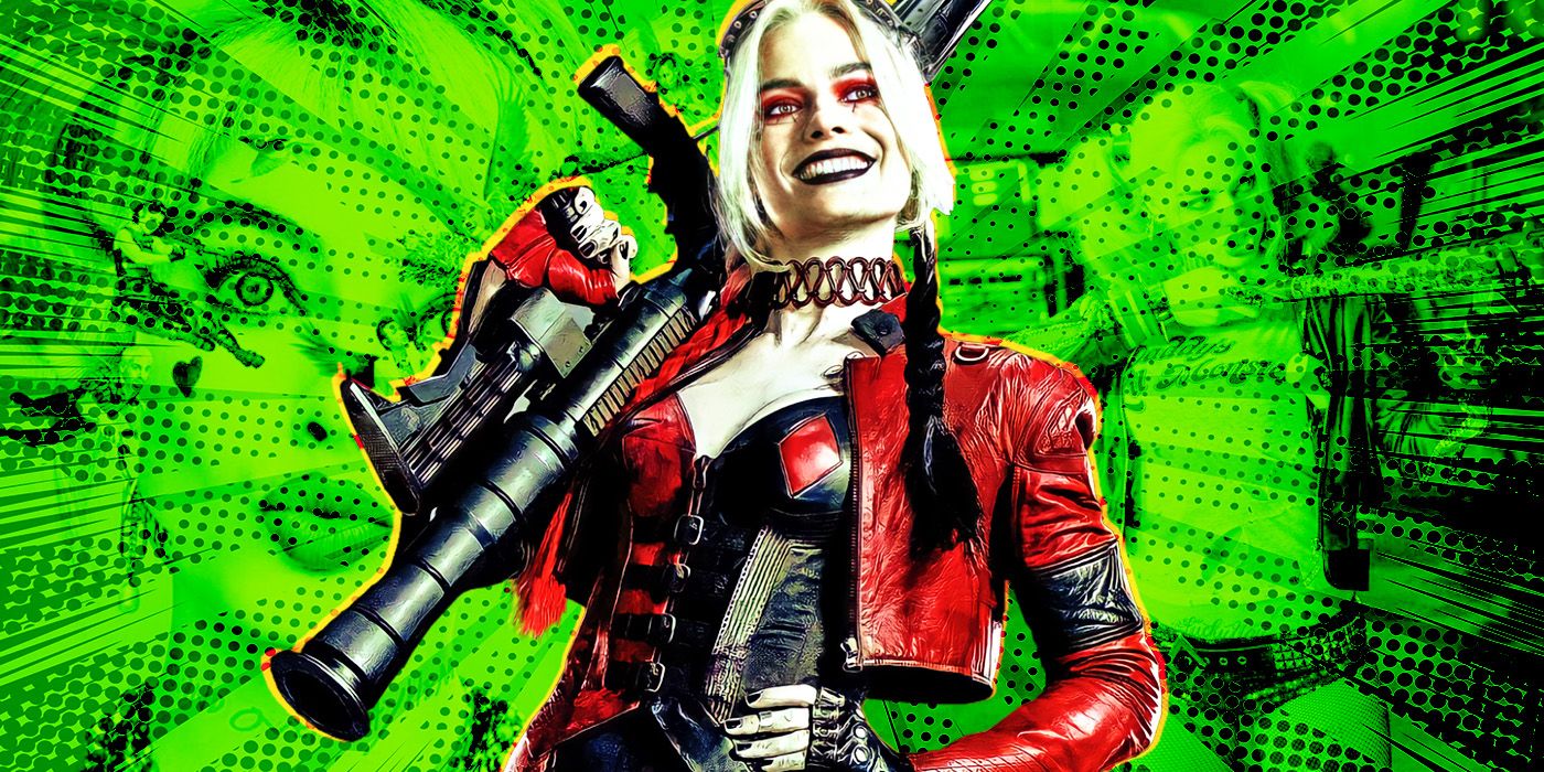 Margot Robbie as Harley Quinn in front of a green backdrop.