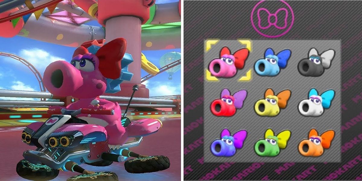 Todas as cores Birdo de Mario Kart 8 Deluxe ao lado de Birdo na pista