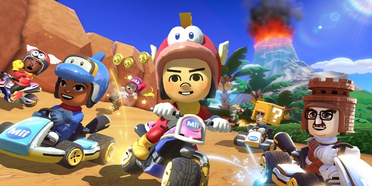 Pilotos Mii de Mario Kart 8 Deluxe liderando o grupo