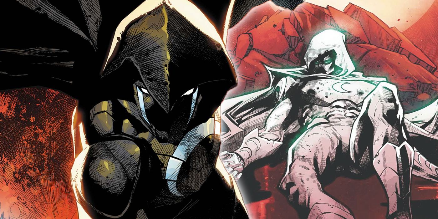 Split image of the new Moon Knight with the deceased Moon Knight in the background
