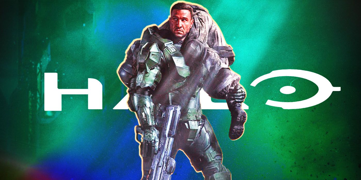 Master Chief (actor Pablo Schreiber) in Spartan armor in front of Halo logo