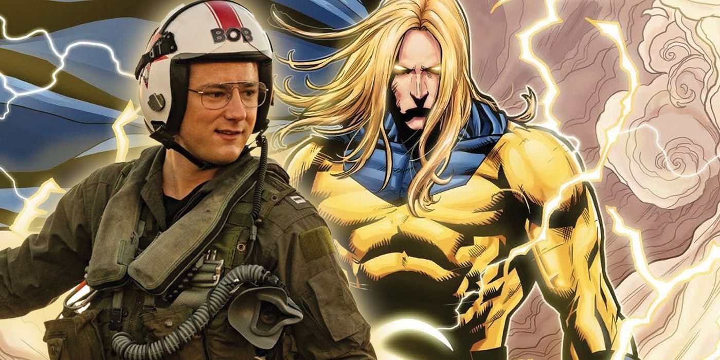 Composite image featuring Top Gun: Maverick star Lewis Pullman and Sentry from Marvel Comics.