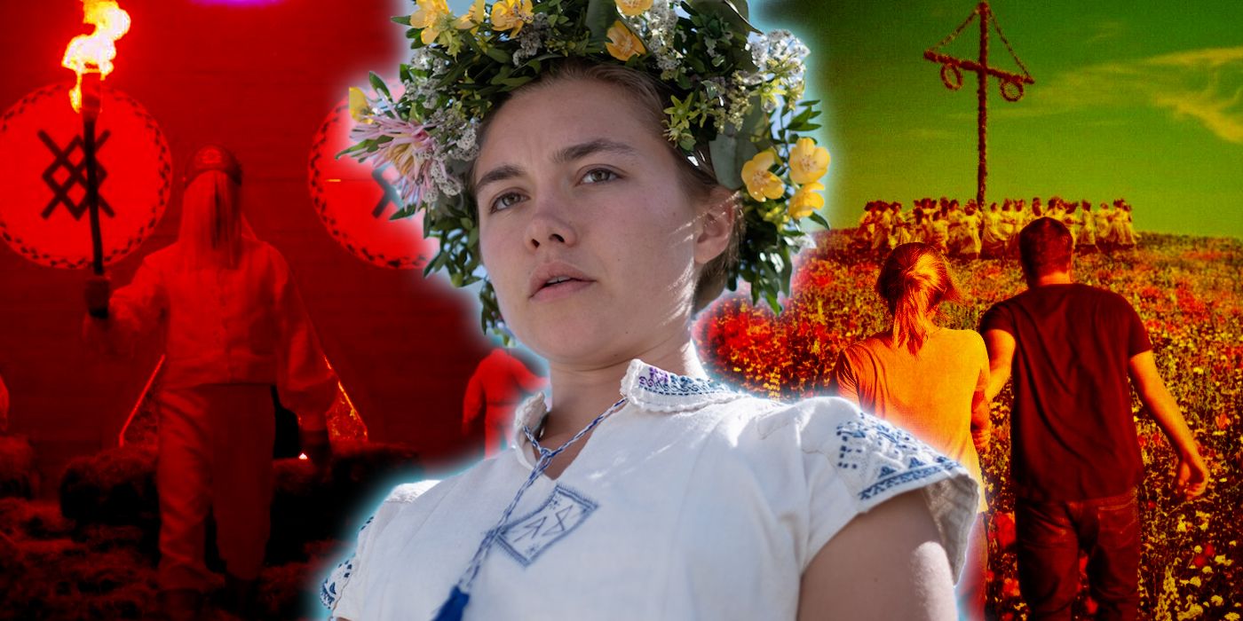 Florence Pugh from Midsommar with scenes from the movie's ending and poster in the background