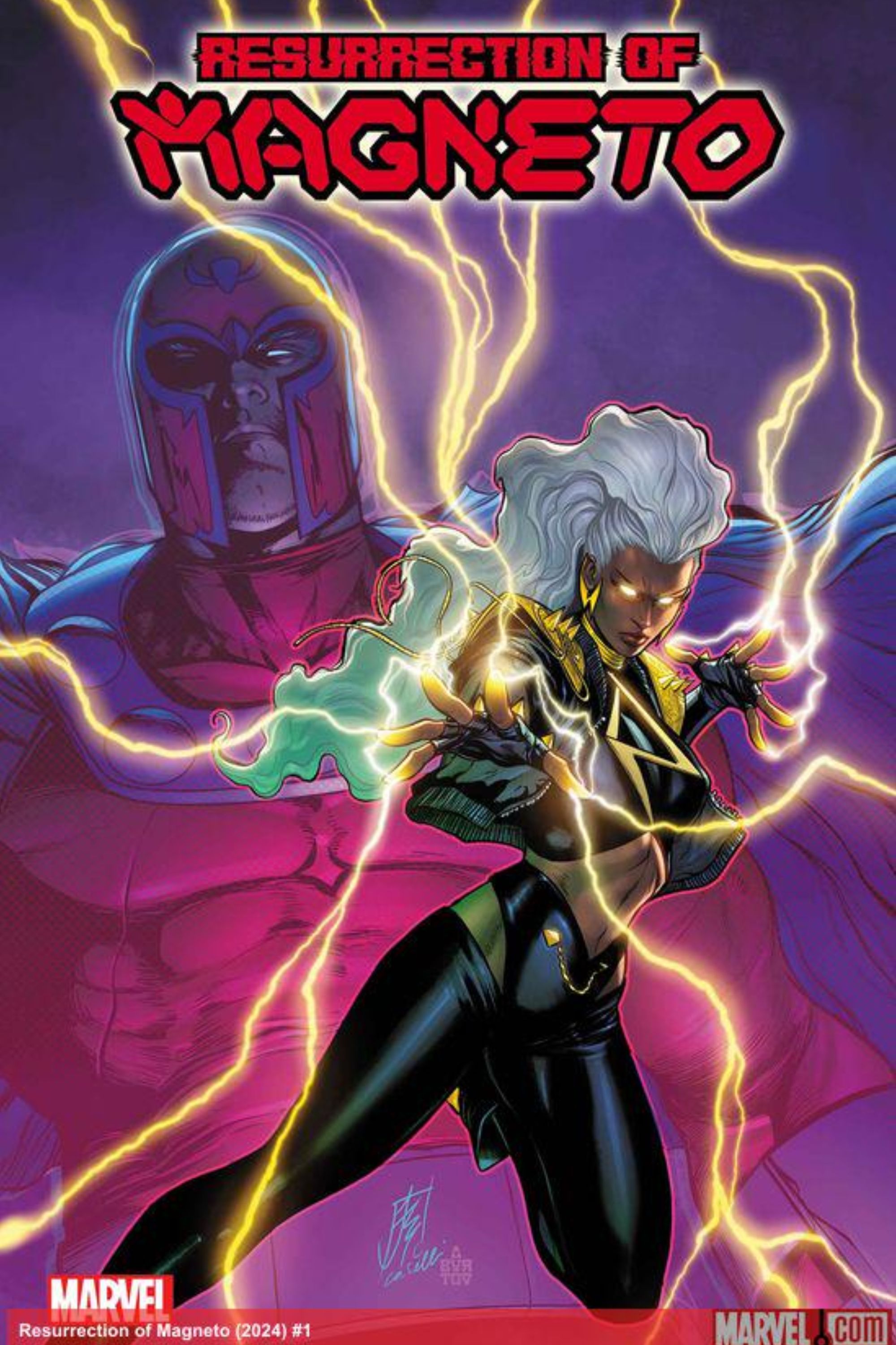 Storm using lightning with an image of Magneto behind him