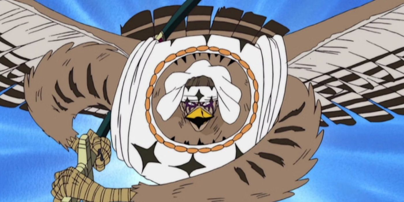 One Piece's Pell preparing to use a sword attack while in his human-falcon hybrid form