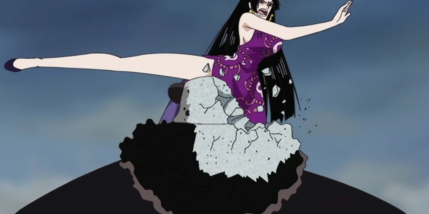 Boa Hancock kicking a Pacifista and petrifying it head with the Love-Love Fruit during One Piece's Summit War