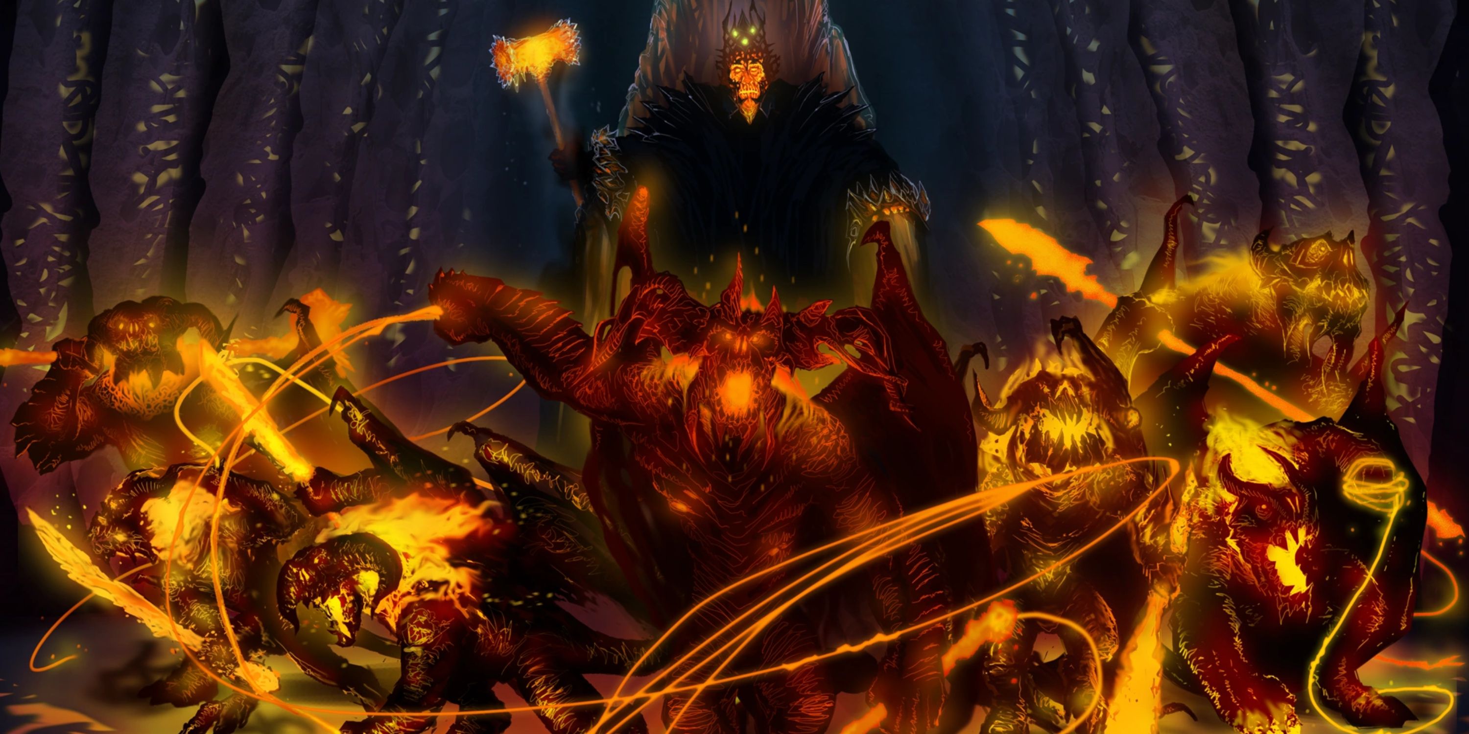 Morgoth sentado em seu trono cercado por Balrogs
