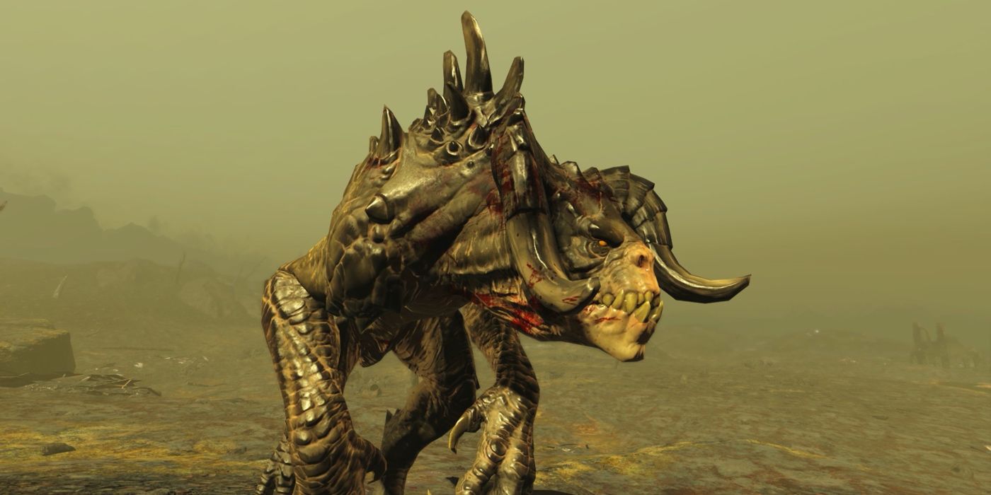 Uma grande criatura chamada Deathclaw da franquia de videogame Fallout