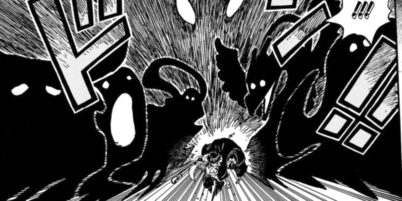 Sabo e Cobra de One Piece cercados pelas silhuetas das transformações da Akuma no Mi dos Cinco Anciões