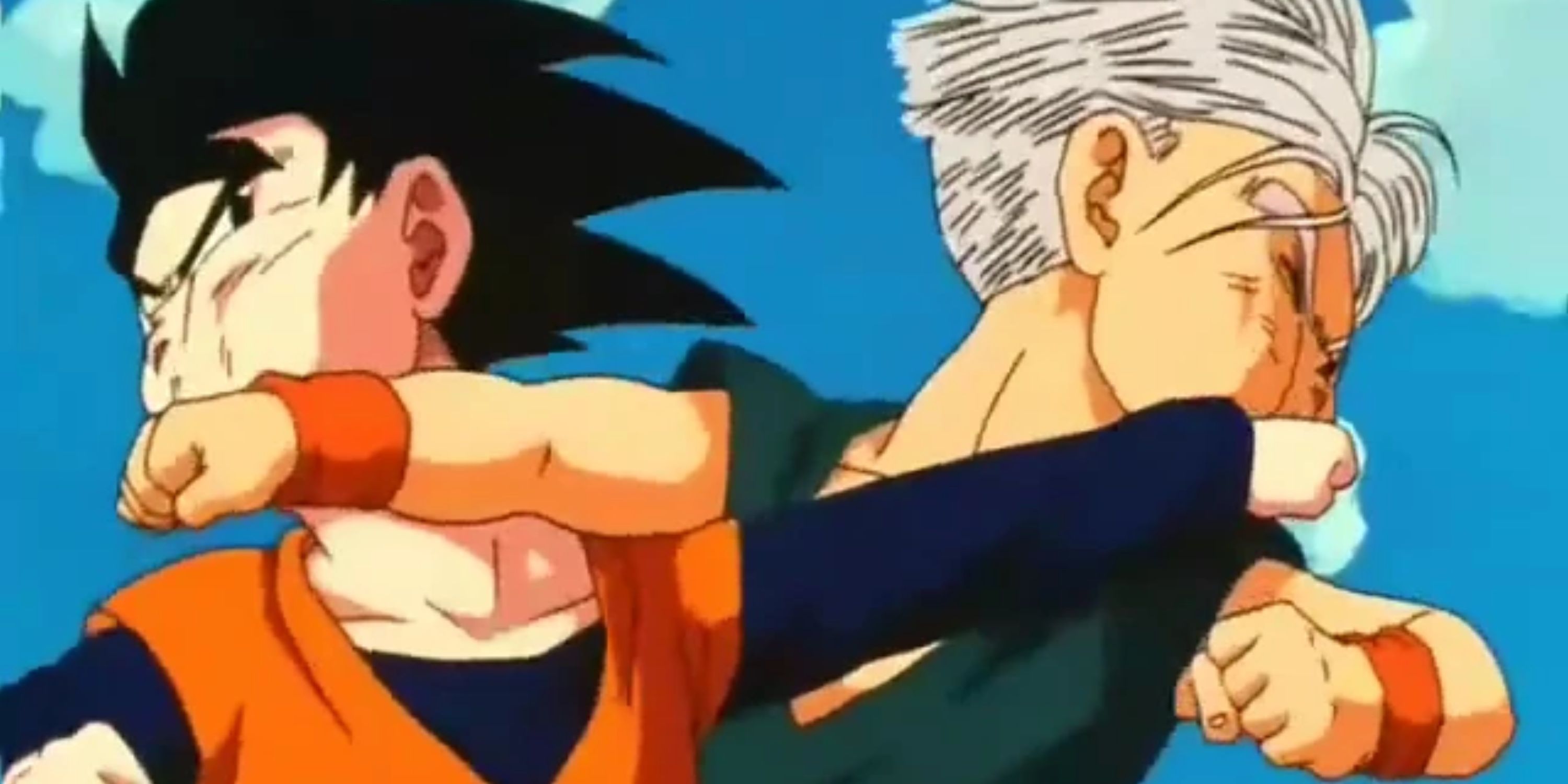 Goten e Trunks se dão um soco na cara durante o Torneio Mundial de Artes Marciais de Dragon Ball Z.