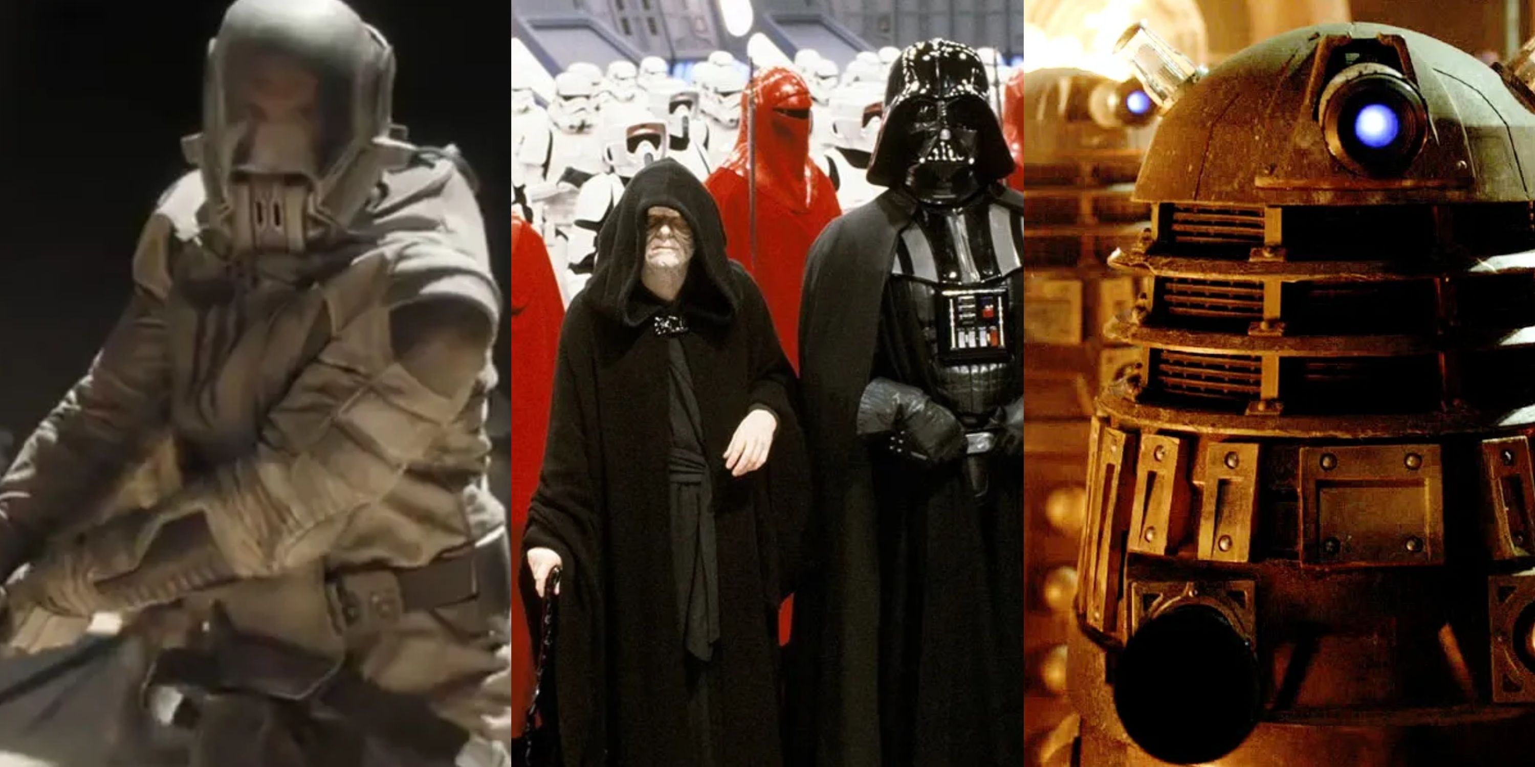 Split image Sardaukar from Dune, Emperor and Darth Vader army, Daleks from Doctor Who