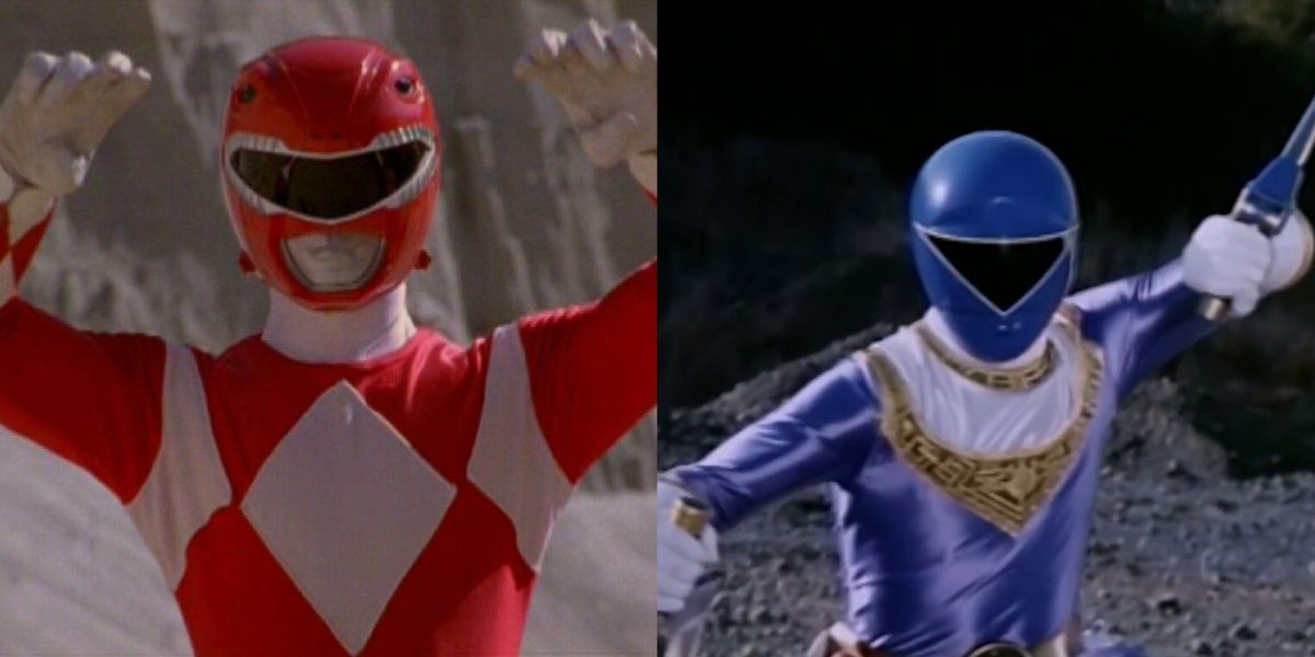 O Red Mighty Morphin Ranger e o Blue Zeo Ranger em uma imagem dividida em batalha