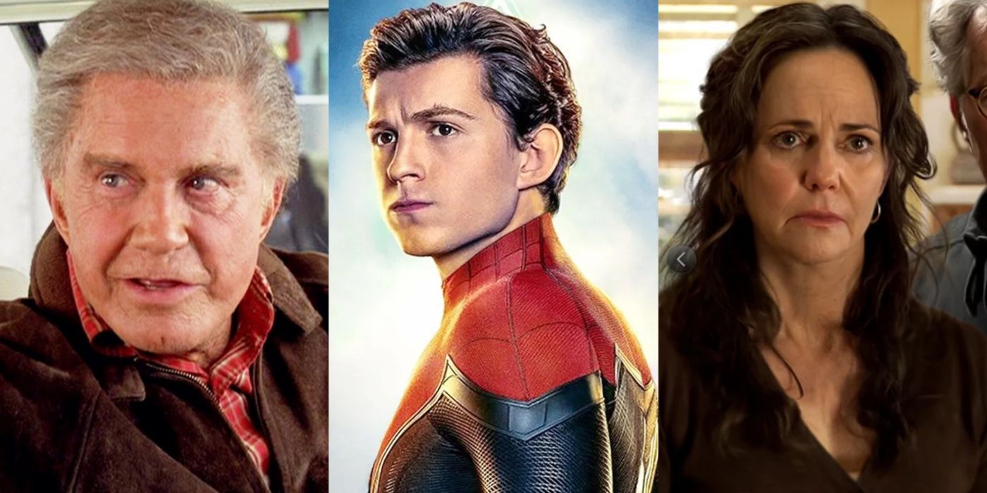 Tom Holland's Spider-Man stares heroically into the distance, Cliff Robertson's Uncle Ben gives Tobey Maguire's Spider-Man some sound advice, and Aunt May looks concerned in The Amazing Spider-Man.