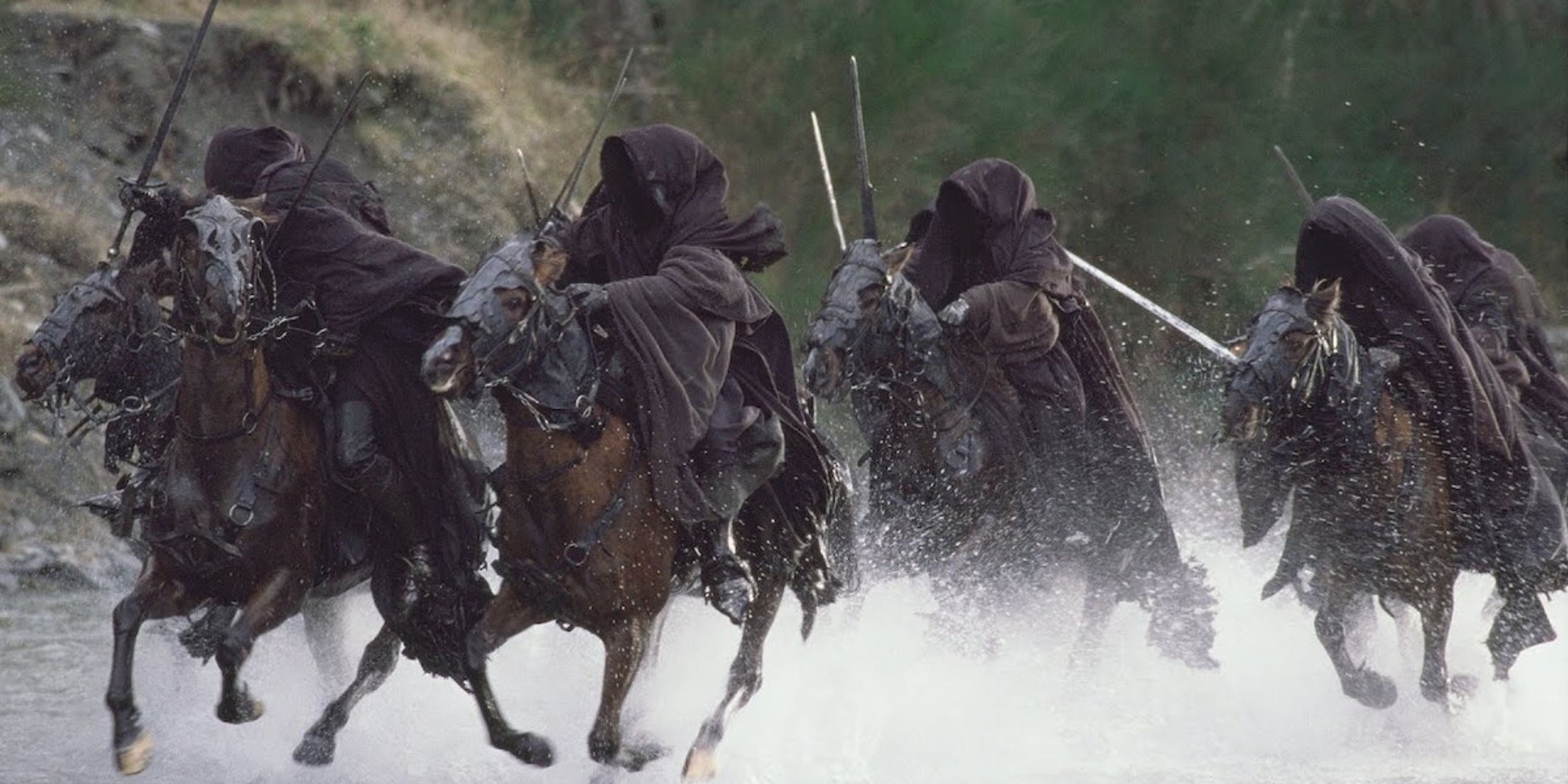 The Ringwraiths on their horses gallop across water in The Lord of the Rings