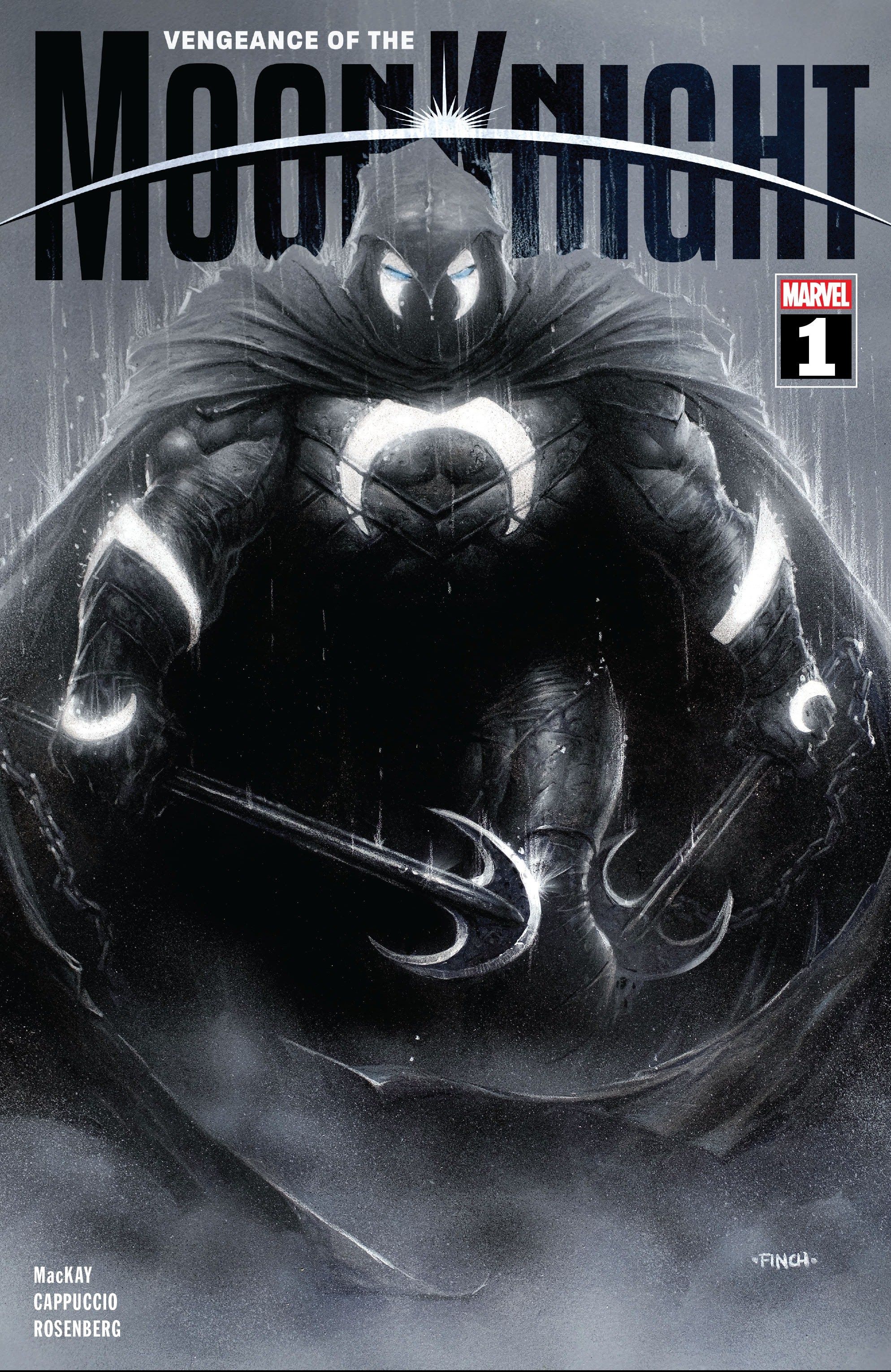 Moon Knight under the rain on the cover of Vengeance of the Moon Knight