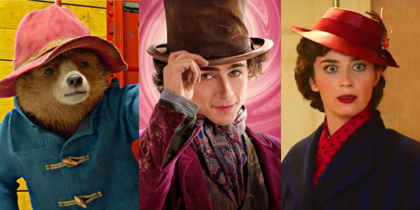A split image of Paddington 2, Wonka, and Mary Poppins Returns