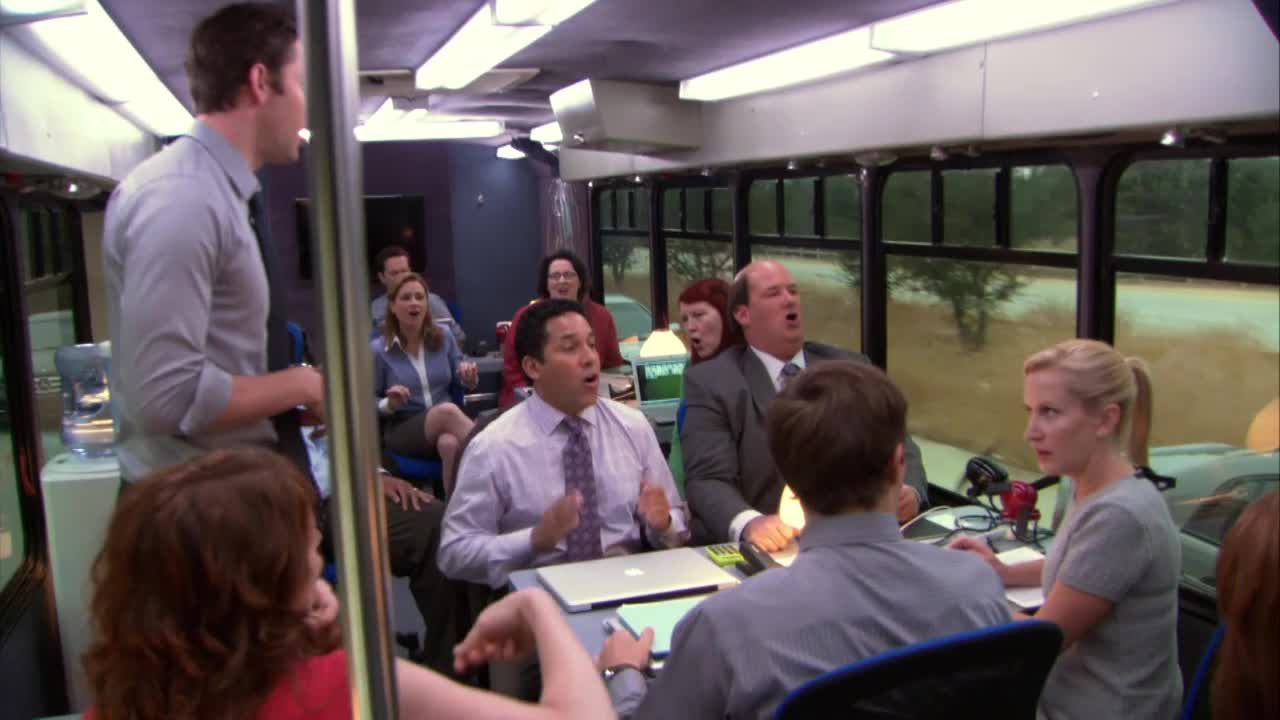 The Office cast singing on the Work Bus 