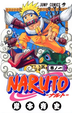 Naruto with his ninja scrolls and summing jutsu toads on the Naruto manga cover art poster