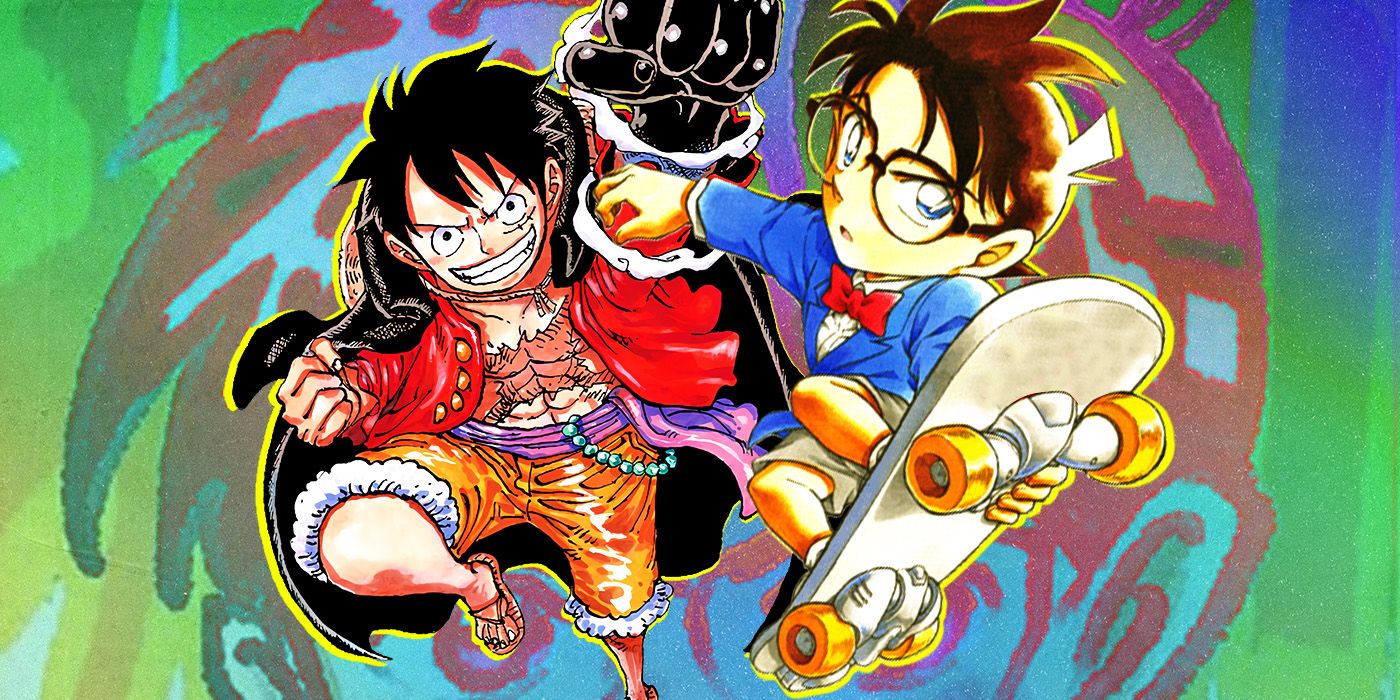 Luffy from One Piece next to Conan from Detective Conan/Case Closed manga