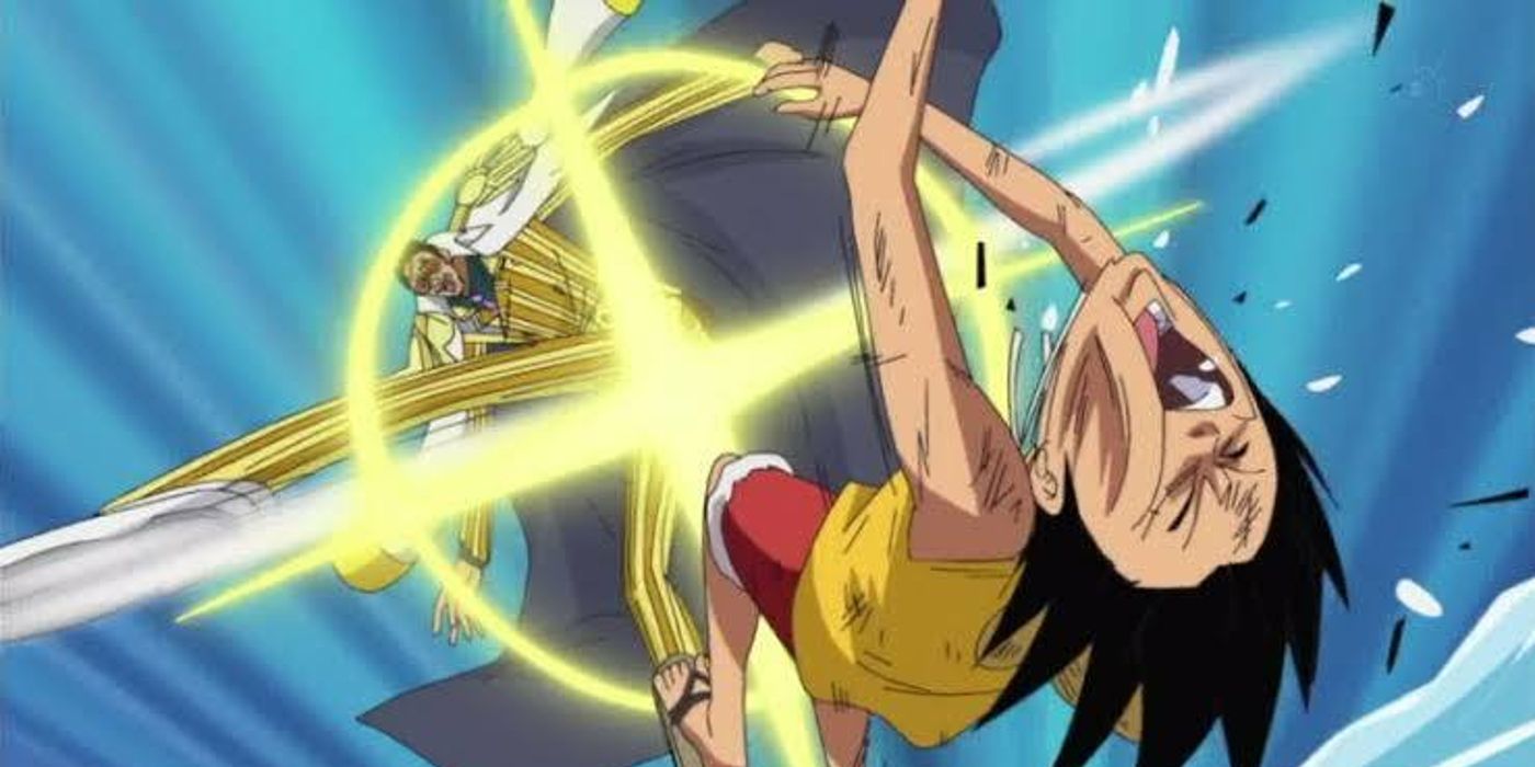Admriral Kizaru kicks Monkey D Luffy at the speed of light in One Piece.