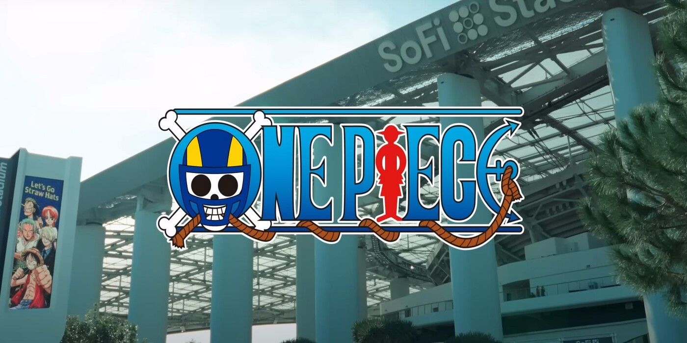 One Piece's logo with a football helmet against a background of SoFi Stadium in LA
