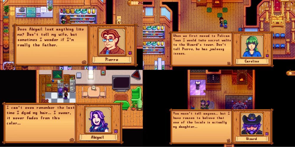 Pierre, Abigail, Caroline, and the Wizard dialogues in Stardew Valley