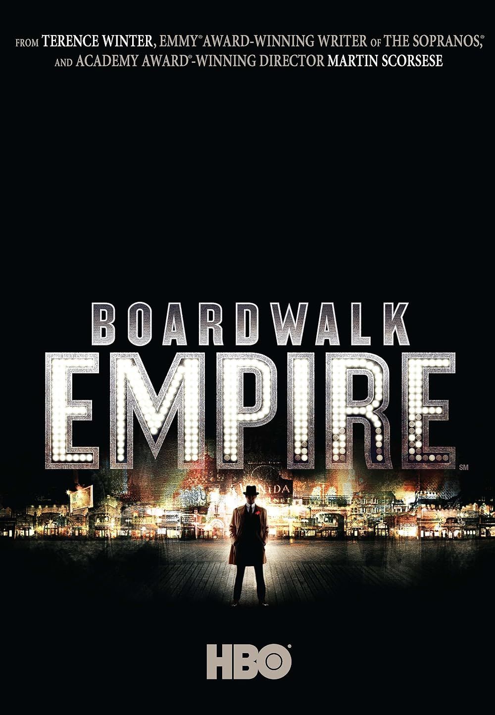 Poster of Boardwalk Empire with a man in front of the logo