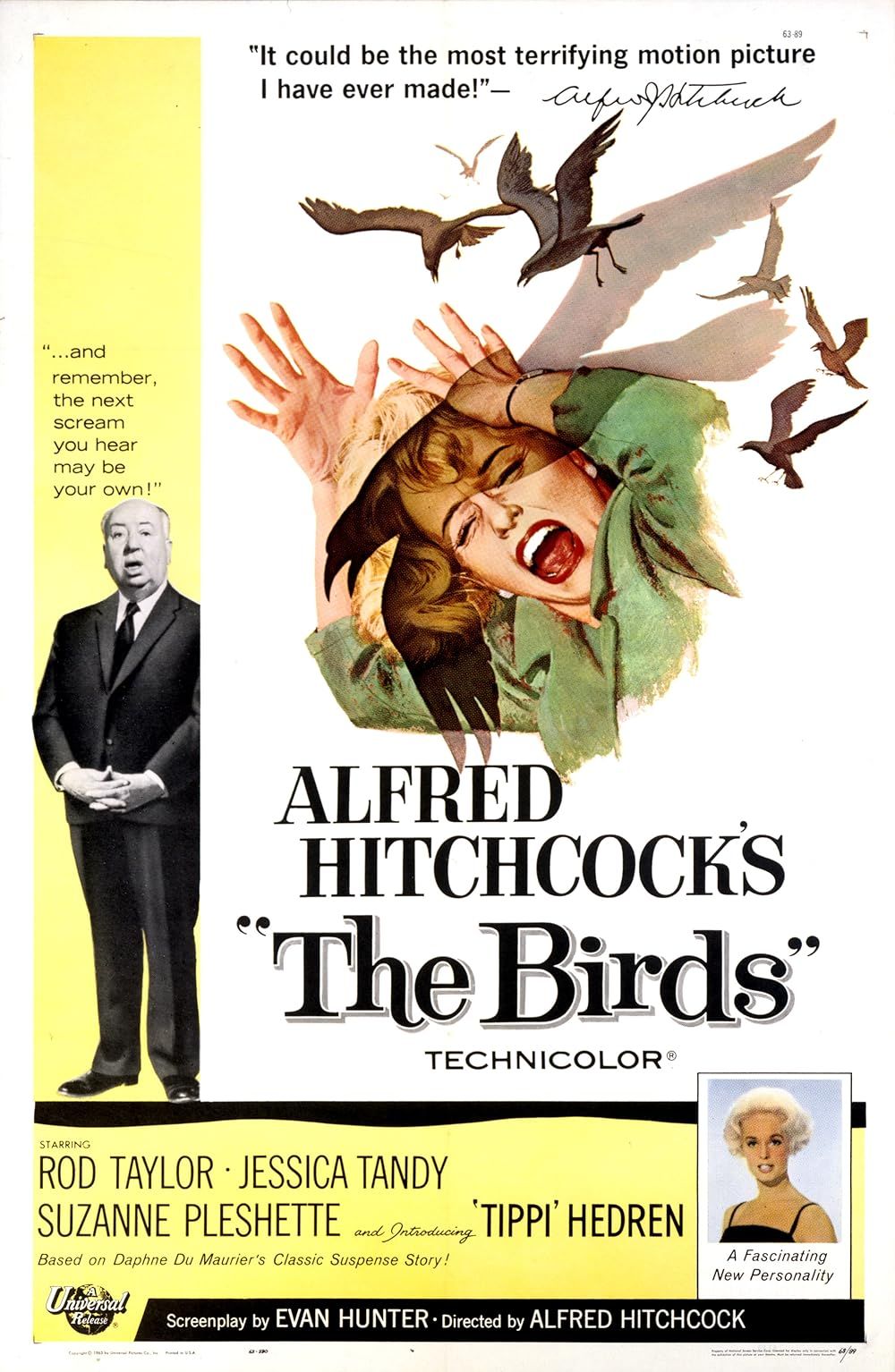 Poster of The Birds by Hitchcock with the director and a woman being attacked by birds