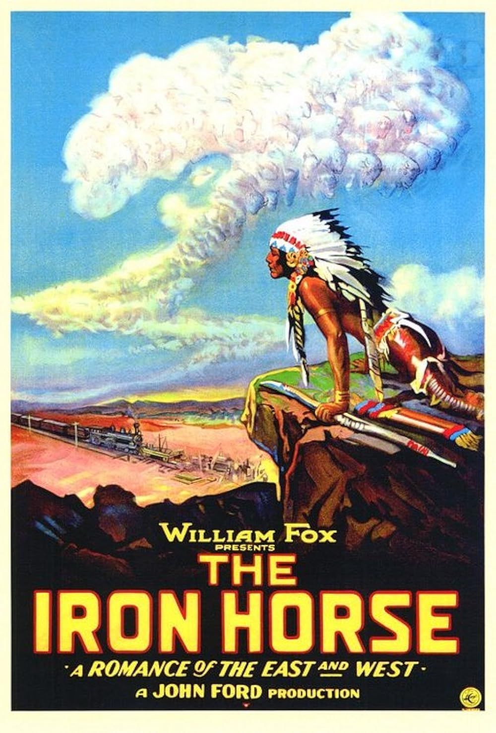 Poster for the film The Iron Horse with a man looking down from a cliff