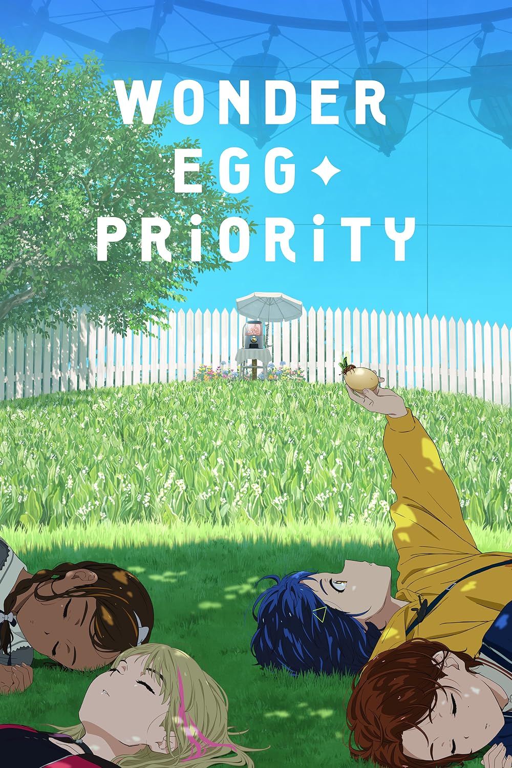 Poster of Wonder Egg Priority with the main characters sleeping on the grass
